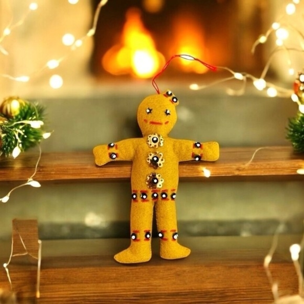 Handmade Felted Gingerbread Man Christmas Ornament 5"x4" Fabric Stuffed Xmas VG